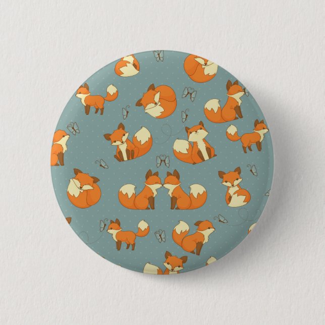 Seamless Fox and Butterfly Pattern Pinback Button (Front)