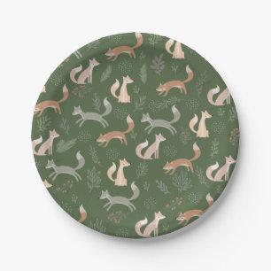 Seamless Fox Winter Branches and Leaves Paper Plates