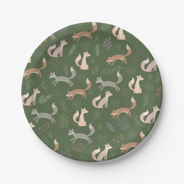 Seamless Fox Winter Branches and Leaves Paper Plates (Front)