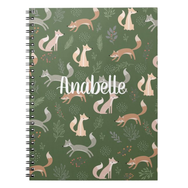 Seamless Fox Winter Branches and Leaves Pattern Notebook (Front)