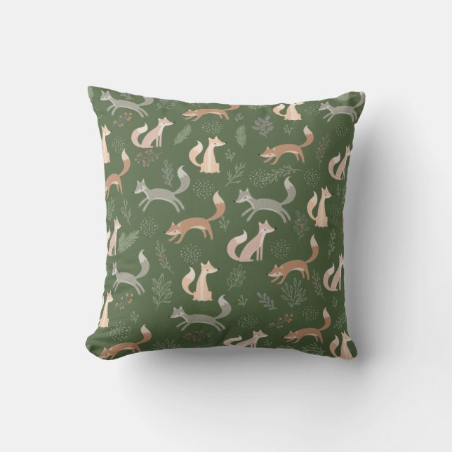 Seamless Fox Winter Branches and Leaves Pattern Throw Pillow (Front)