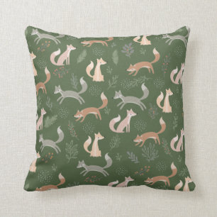Seamless Fox Winter Branches and Leaves Pattern Throw Pillow