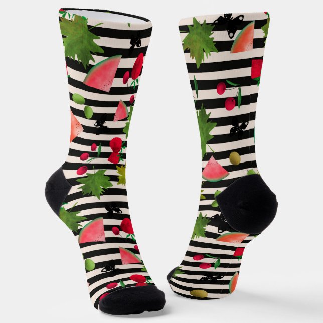 Seamless Fresh Fruits Berries Watercolor Cartoon  Socks (Angled)