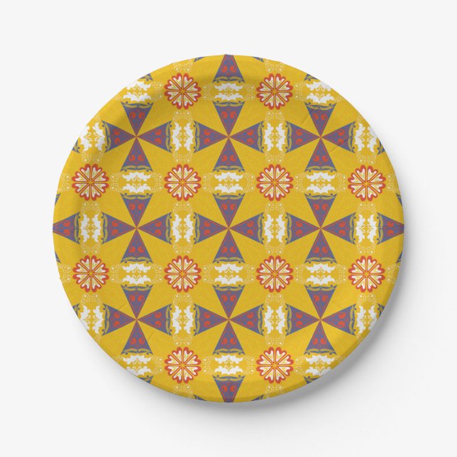Seamless geometric pattern with orange, blue paper plates (Front)