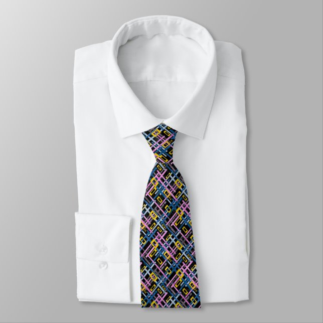Seamless geometrical bright colors rectangular sha neck tie (Tied)