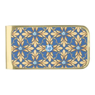 Seamless golden pattern with blue gems 1 gold finish money clip