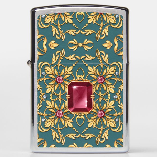 Seamless golden pattern with ruby zippo lighter (Front)