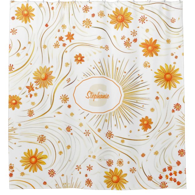 Seamless Golden Sun & Rays - with Abstract Star Shower Curtain (Front)