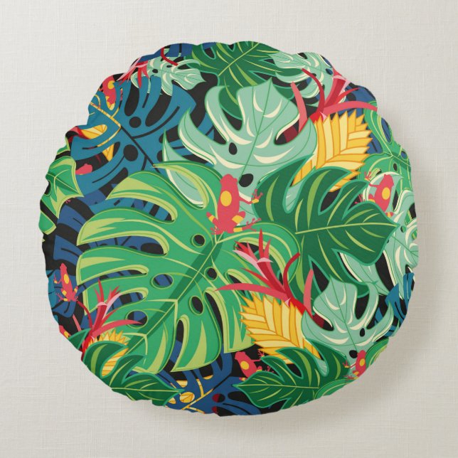 Seamless graphic pattern with leaves monstera and  round pillow (Front)