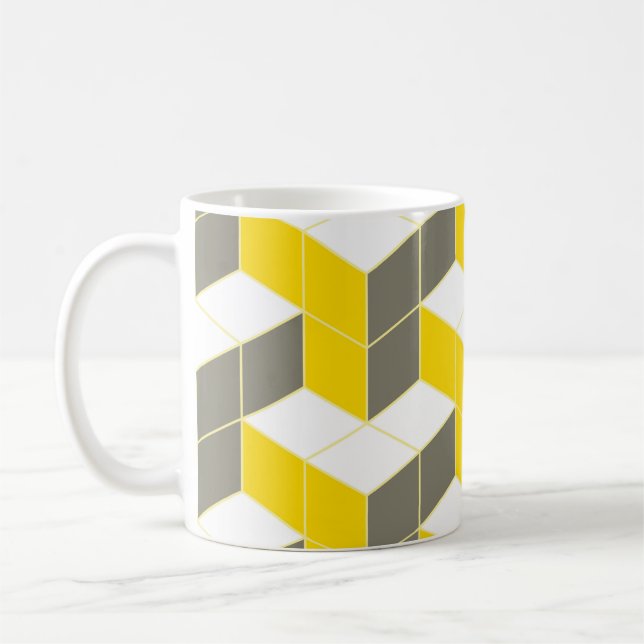 Seamless gray and yellow isometric cubical trident coffee mug (Left)
