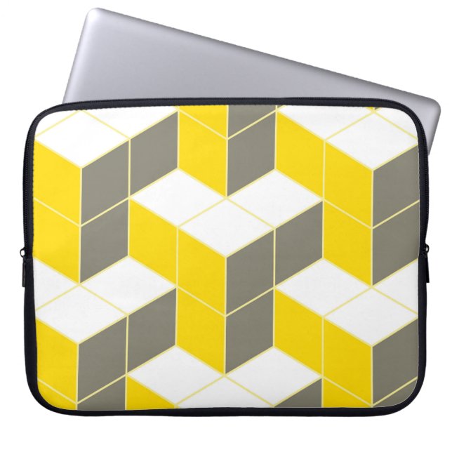 Seamless gray and yellow isometric cubical trident laptop sleeve (Front)