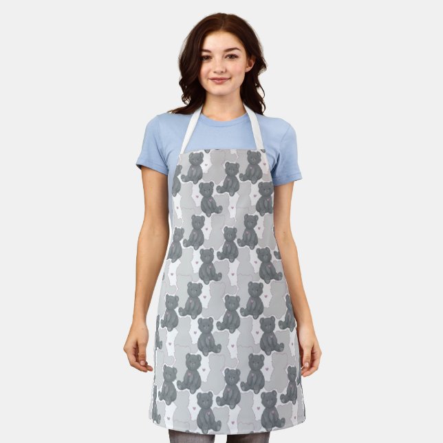 Seamless gray teddy bear, pink heart, silhouette apron (Worn)
