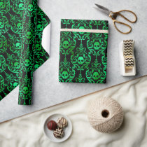 Seamless Green & Black Skull Damask Halloween Wrapping Paper