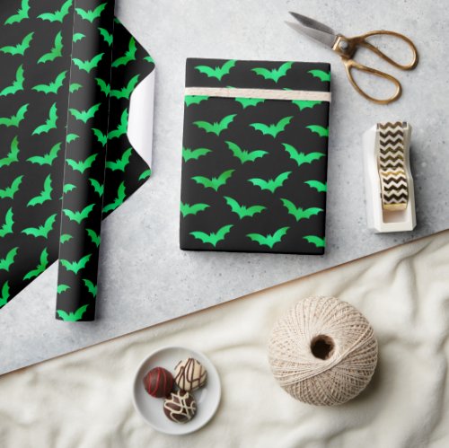 Seamless Green Foil and Black Bats Halloween Wrapping Paper