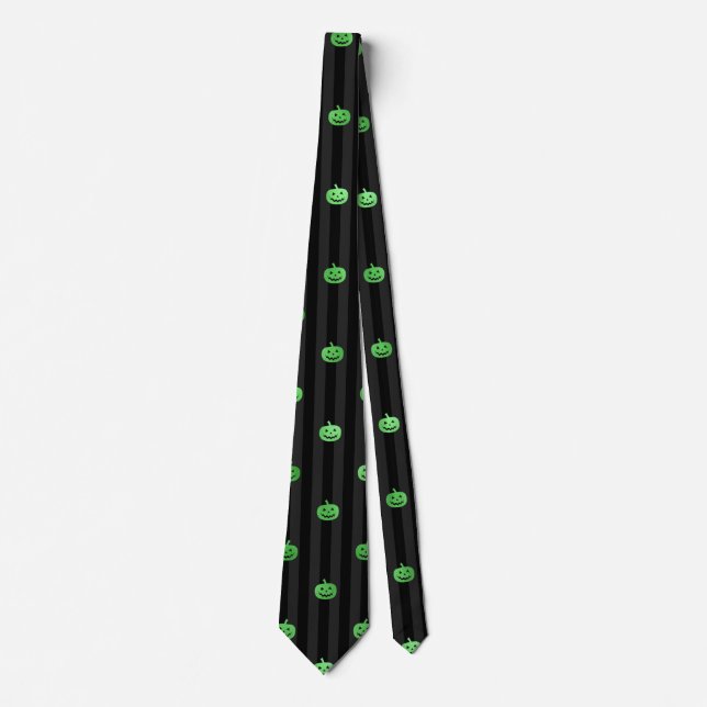 Seamless Green Foil Pumpkins & Stripes Halloween Neck Tie (Front)