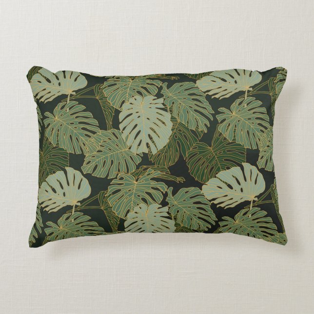Seamless green khaki and gold monstera pattern accent pillow (Front)