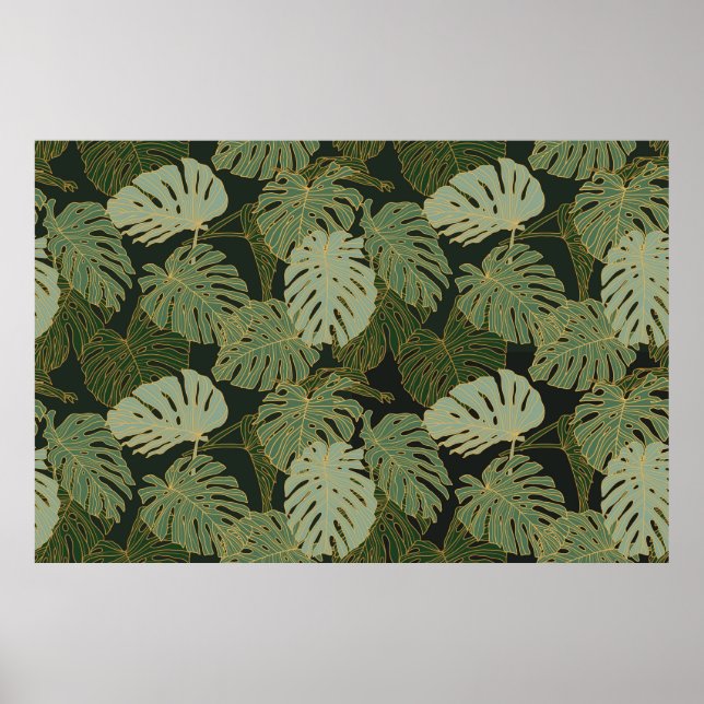 Seamless green khaki and gold monstera pattern poster (Front)