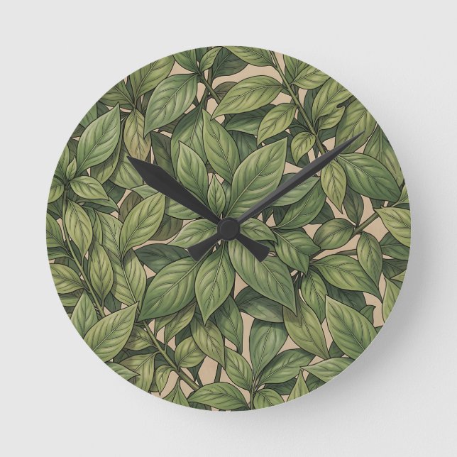 Seamless Green Leaf Botanical Vintage Pattern Round Clock (Front)