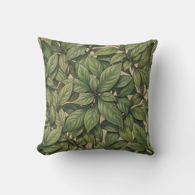 Seamless Green Leaf Botanical Vintage Pattern Throw Pillow (Front)