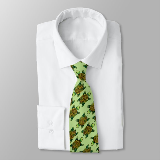Seamless Green Watercolor Ink Drawn Turtle Tie (Tied)