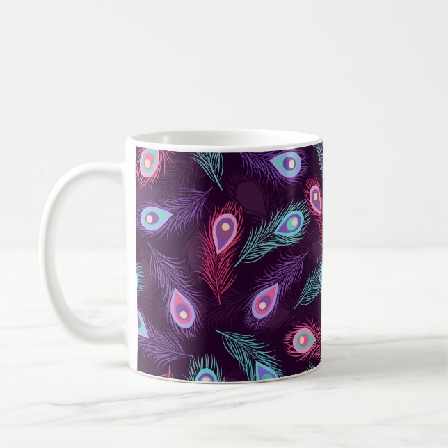 Seamless hand drawn peacock feathers pattern. Vint Coffee Mug (Left)