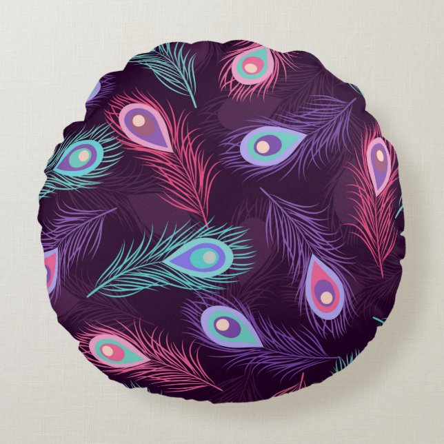 Seamless hand drawn peacock feathers pattern. Vint Round Pillow (Front)