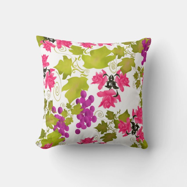 Seamless harvest grape pink roses flowers floral c throw pillow (Front)