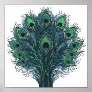 Seamless High-Contrast Peacock Plume Pattern Poster