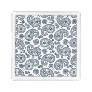 Seamless Indian dark blue paisley pattern on white Acrylic Tray