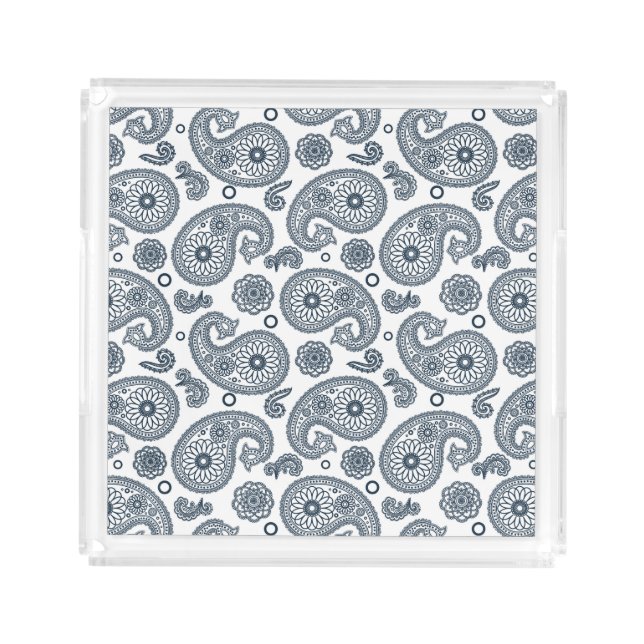 Seamless Indian dark blue paisley pattern on white Acrylic Tray (Front)