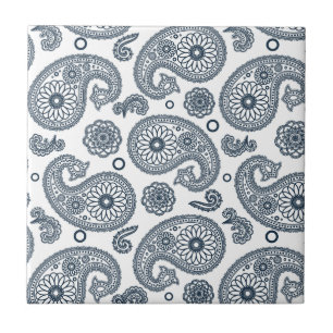 Seamless Indian dark blue paisley pattern on white Ceramic Tile