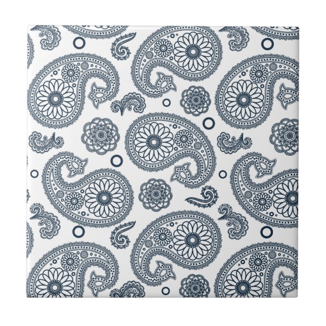 Seamless Indian dark blue paisley pattern on white Ceramic Tile (Front)