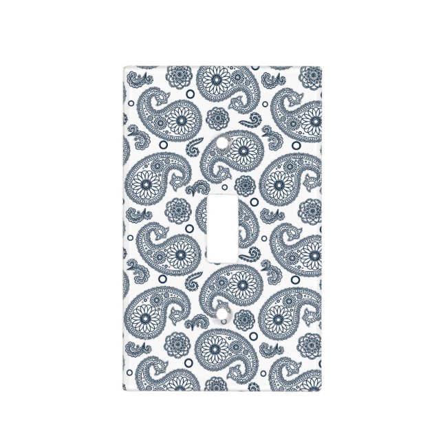Seamless Indian dark blue paisley pattern on white Light Switch Cover (Front)