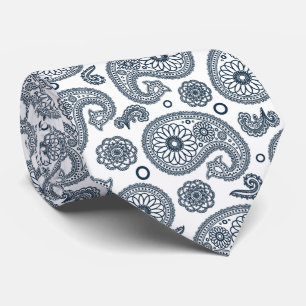 Seamless Indian dark blue paisley pattern on white Neck Tie