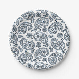 Seamless Indian dark blue paisley pattern on white Paper Plates