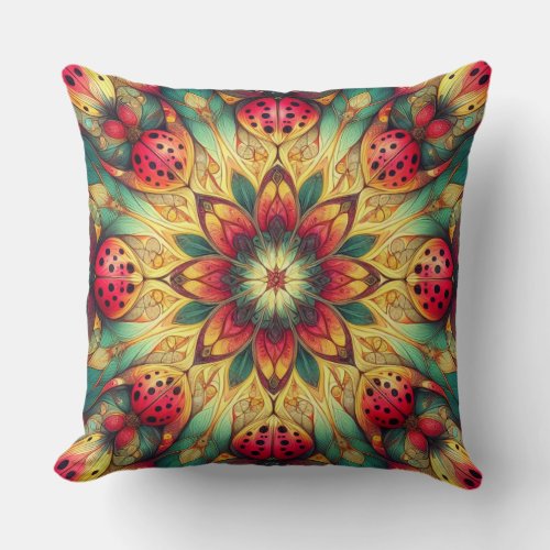 SEAMLESS LADYBUG IN RED  YELLOW GREEN PATTERN THROW PILLOW