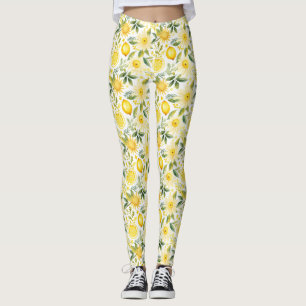 Seamless Lemon With Green Leaves and Flowers Leggings