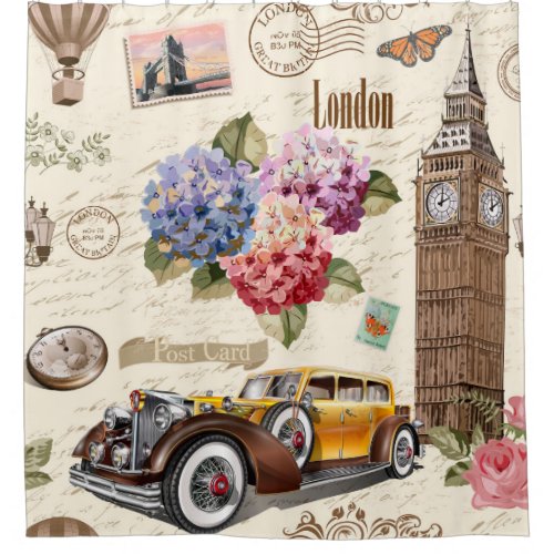 Seamless London vintage background with retro car Shower Curtain