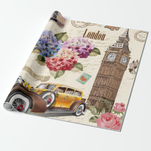 Seamless London vintage background with retro car, Wrapping Paper