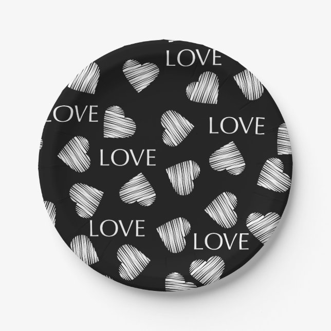 Seamless LOVE Valentines Day black dark white scra Paper Plates (Front)