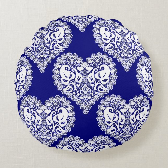Seamless love Valentines Day navy white lacy lace Round Pillow (Front)