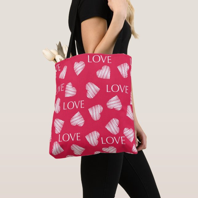 Seamless LOVE Valentines Day pink red white scratc Tote Bag (Close Up)