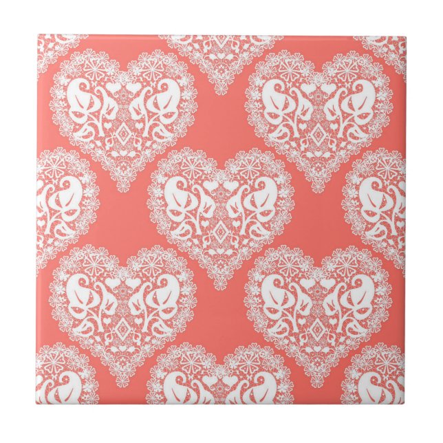Seamless love Valentines Day white lacy lace heart Ceramic Tile (Front)