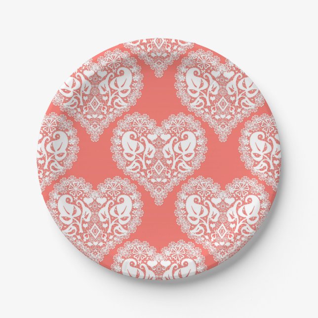 Seamless love Valentines Day white lacy lace heart Paper Plates (Front)