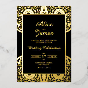 Seamless Mandala Elegant Black Gold Foil Wedding Invitation