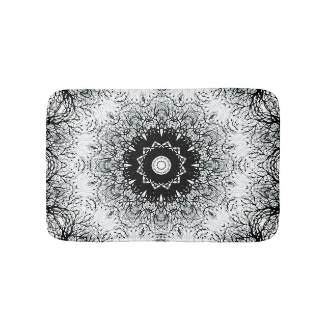 Seamless mandala kaleidoscope tile black gray whit bath mat (Front)