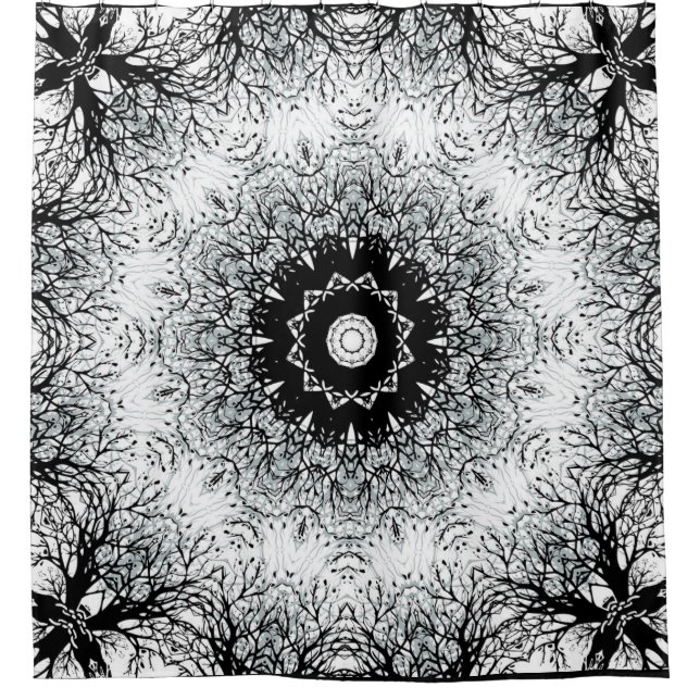 Seamless mandala kaleidoscope tile black gray whit shower curtain (Front)