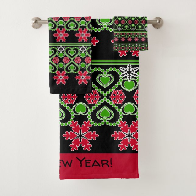 Seamless Merry Christmas ornamental snowflake hear Bath Towel Set (Insitu)