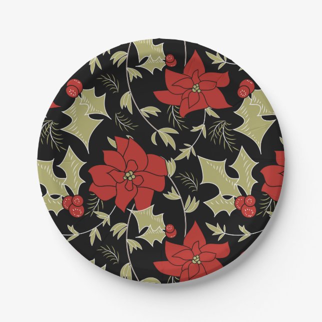 Seamless Merry Christmas red poinsettia green euon Paper Plates (Front)