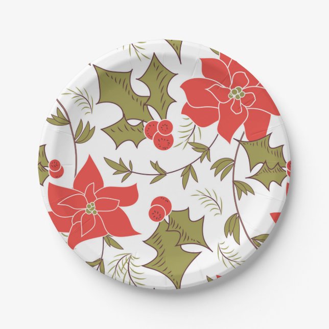 Seamless Merry Christmas red poinsettia green euon Paper Plates (Front)